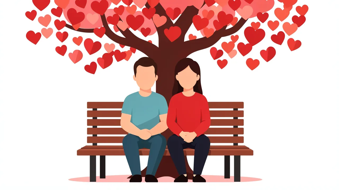 A faceless couple sits on a wooden bench beneath a tree covered in heart-shaped red and pink leaves