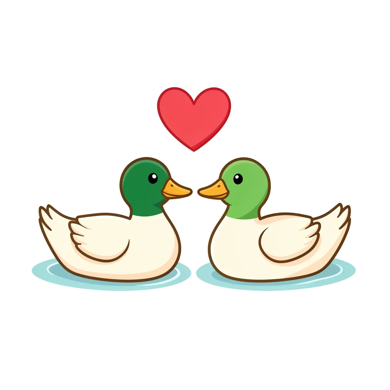 Cute flat illustration of two facing ducks swimming with a red heart floating above them