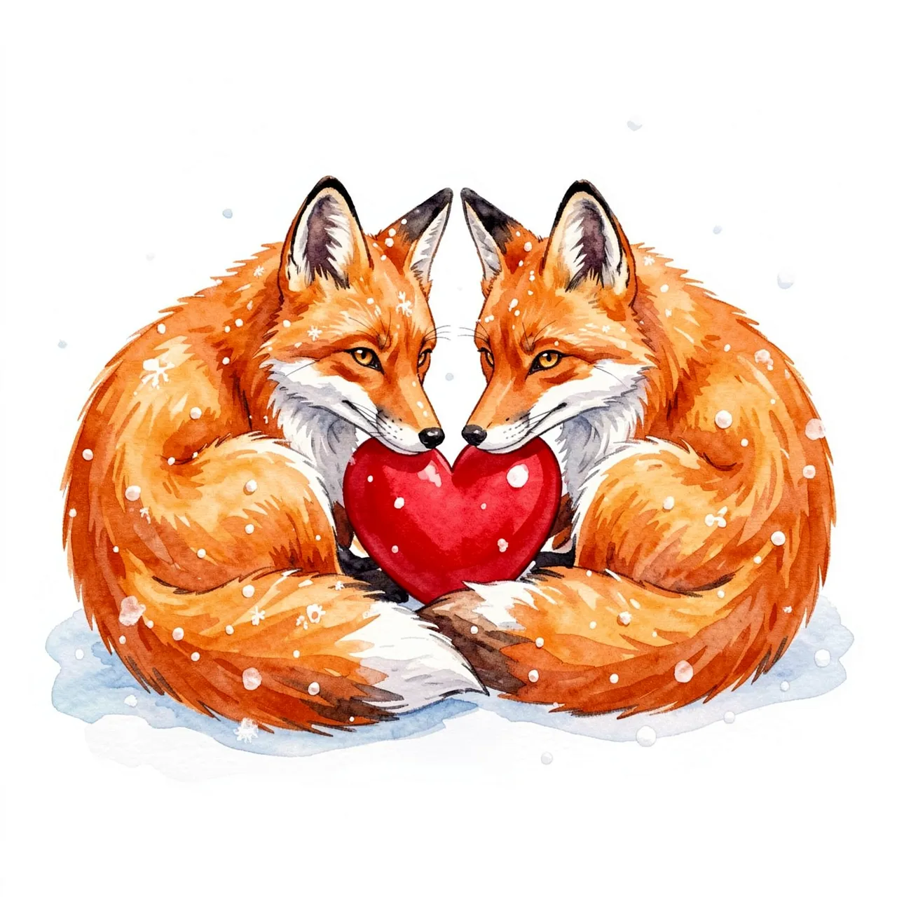 Two watercolor red foxes curled together in snow with a red heart between them for Valentine's Day