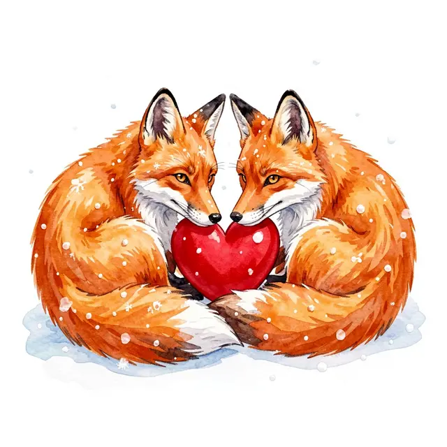 Two watercolor red foxes curled together in snow with a red heart between them for Valentine's Day