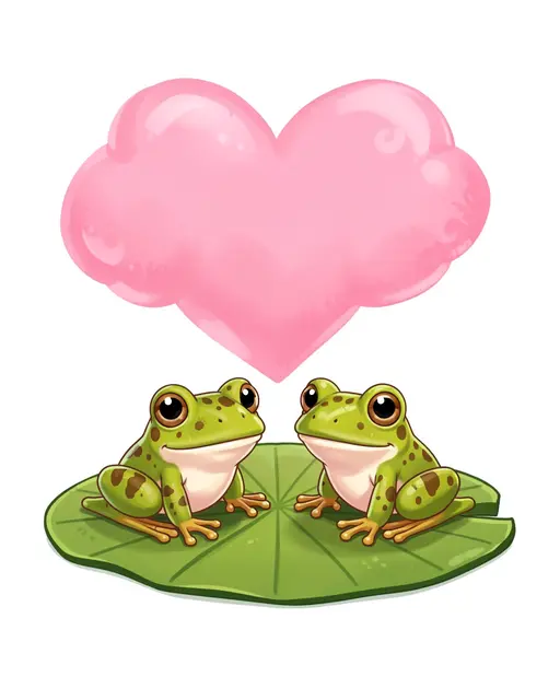 Two cute spotted green frogs sit on a lily pad under a pink heart-shaped cloud.