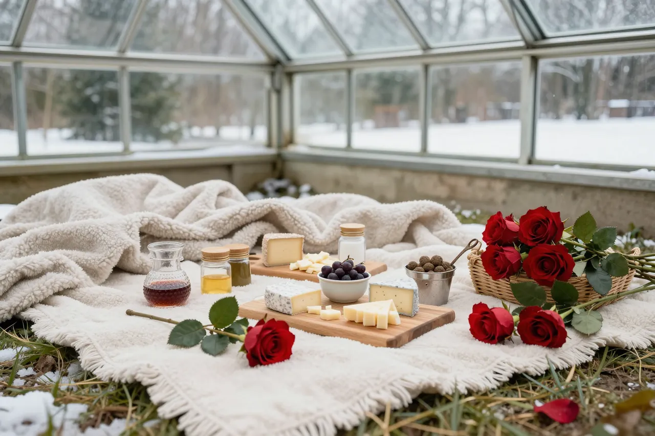 A cozy winter Valentine's Day picnic arrangement set on blankets inside a glass greenhouse with snow outside.