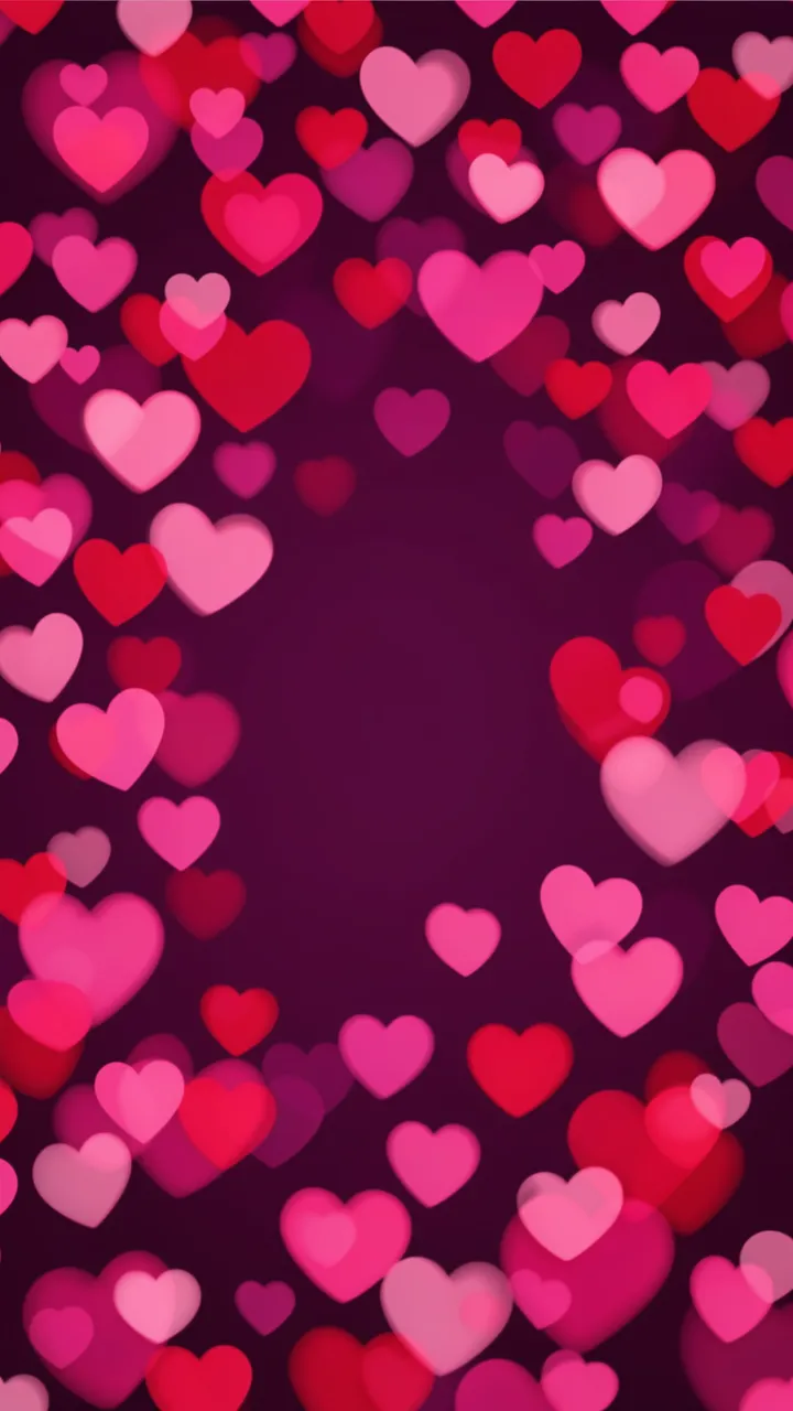 Vertical dark plum background framed by pink and red heart bokeh with an empty center copy space