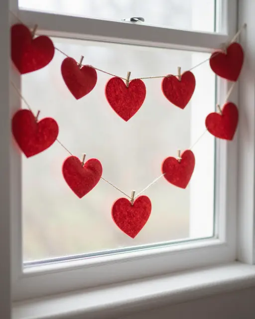 Red felt heart garlands clipped to twine hang across a bright white window frame in soft daylight.