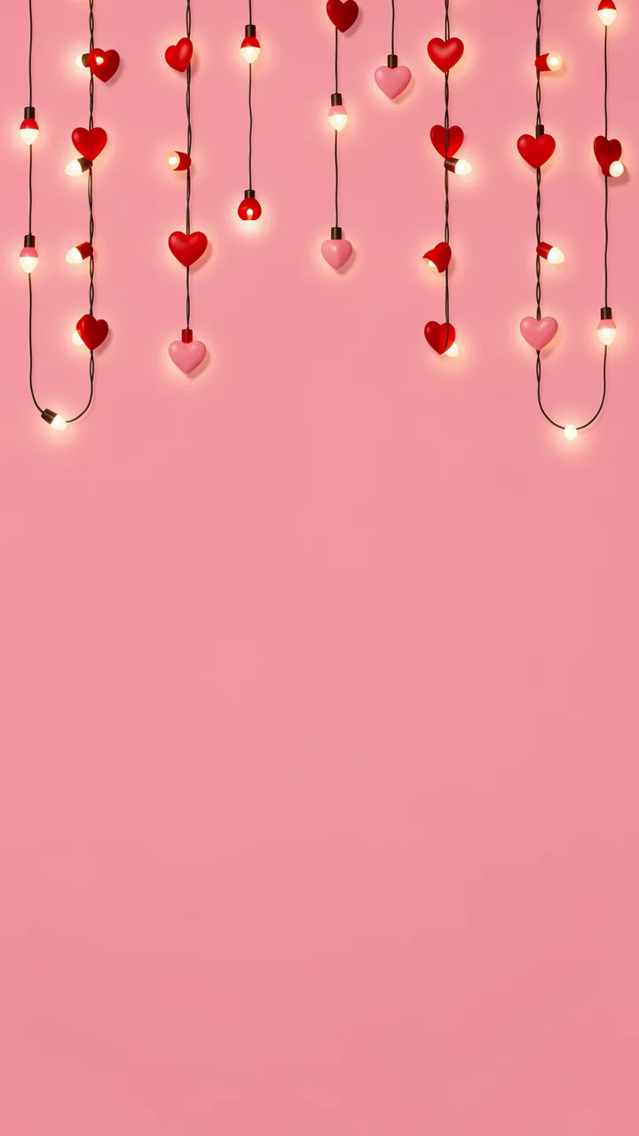 Hanging string lights with red and pink heart ornaments against a solid empty pink wall
