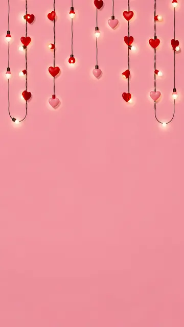 Hanging string lights with red and pink heart ornaments against a solid empty pink wall