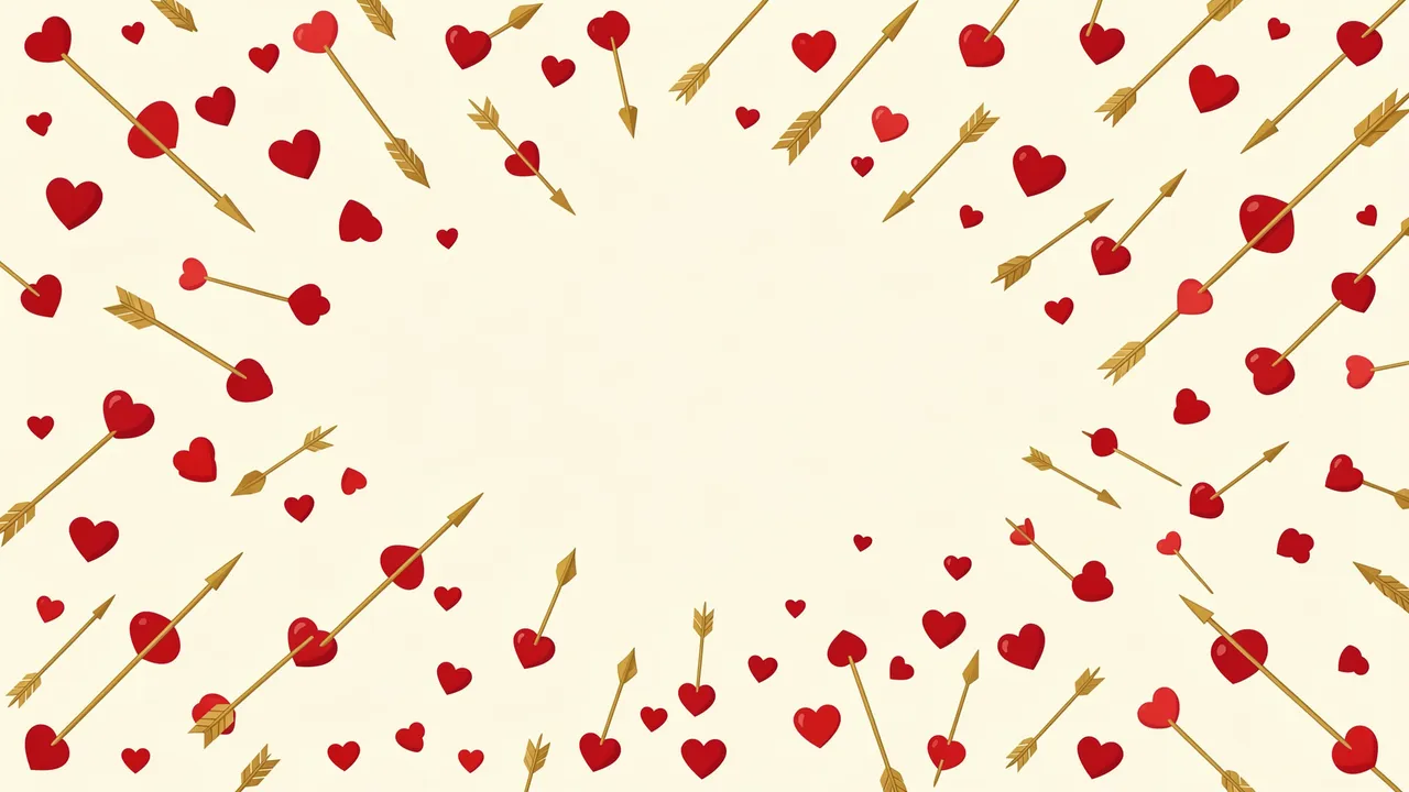 A cream background framed by scattered red hearts pierced with golden arrows, with an empty central copy space