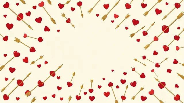 A cream background framed by scattered red hearts pierced with golden arrows, with an empty central copy space
