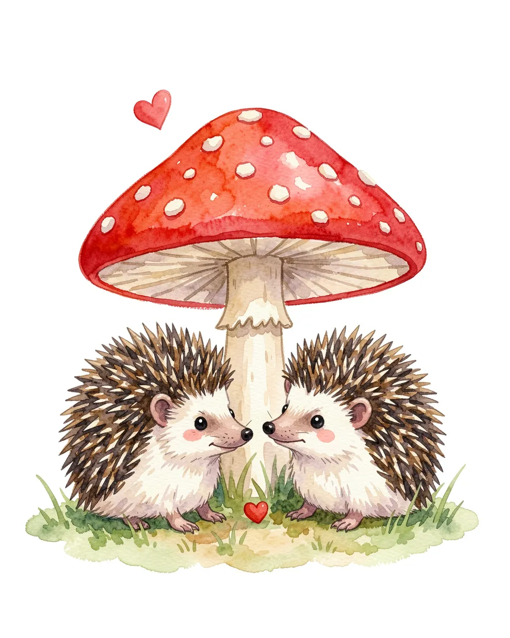 Cute watercolor illustration of two hedgehogs facing each other under a red fly agaric mushroom with tiny red hearts