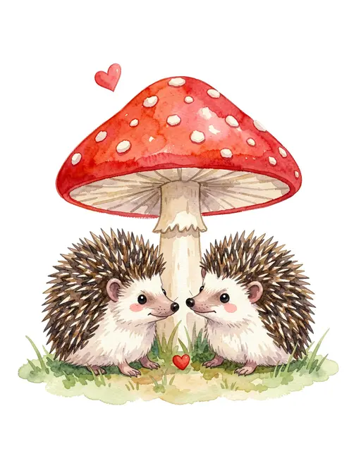Cute watercolor illustration of two hedgehogs facing each other under a red fly agaric mushroom with tiny red hearts