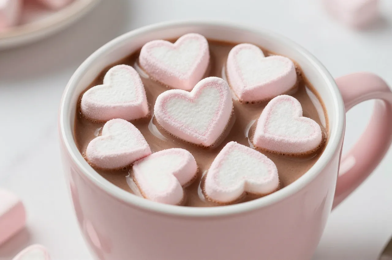 A close-up of a pink mug of hot chocolate topped with heart-shaped pink and white marshmallows.