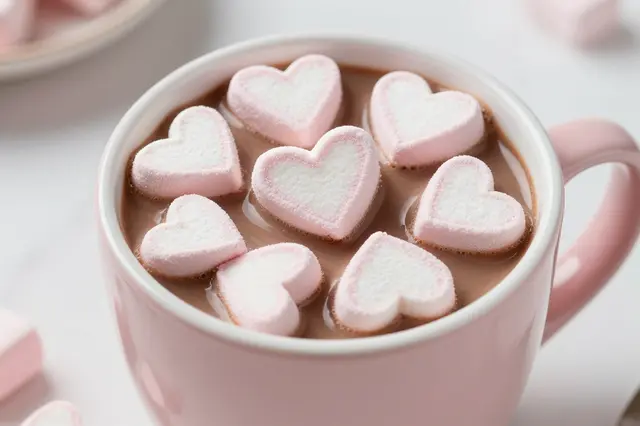 A close-up of a pink mug of hot chocolate topped with heart-shaped pink and white marshmallows.