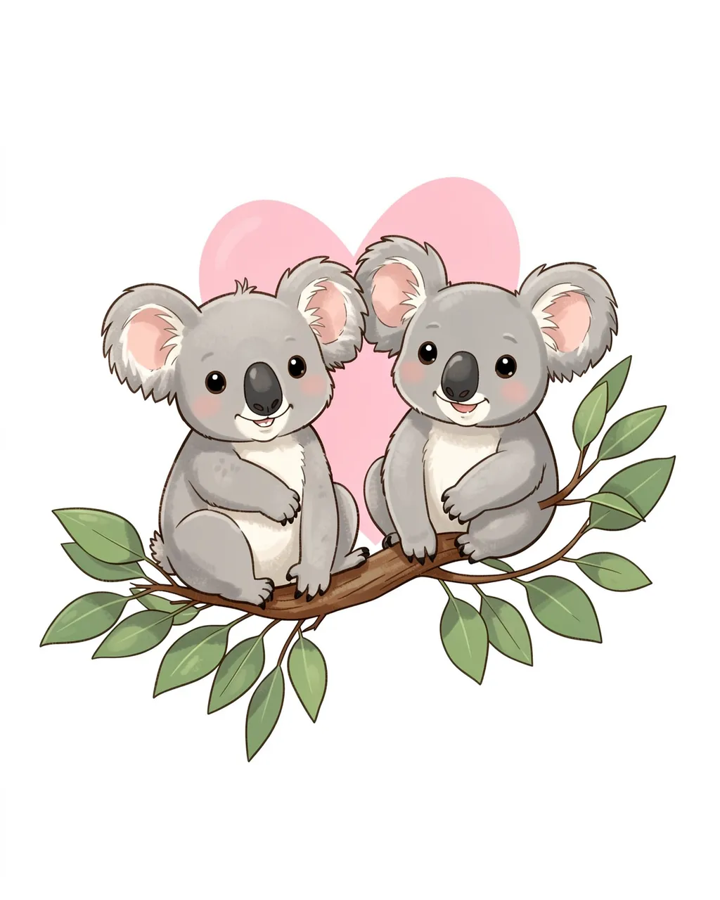 Two cute illustrated koalas sit together on a eucalyptus branch with a soft pink heart behind them.