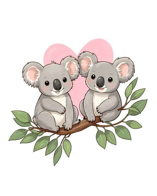 Two cute illustrated koalas sit together on a eucalyptus branch with a soft pink heart behind them.