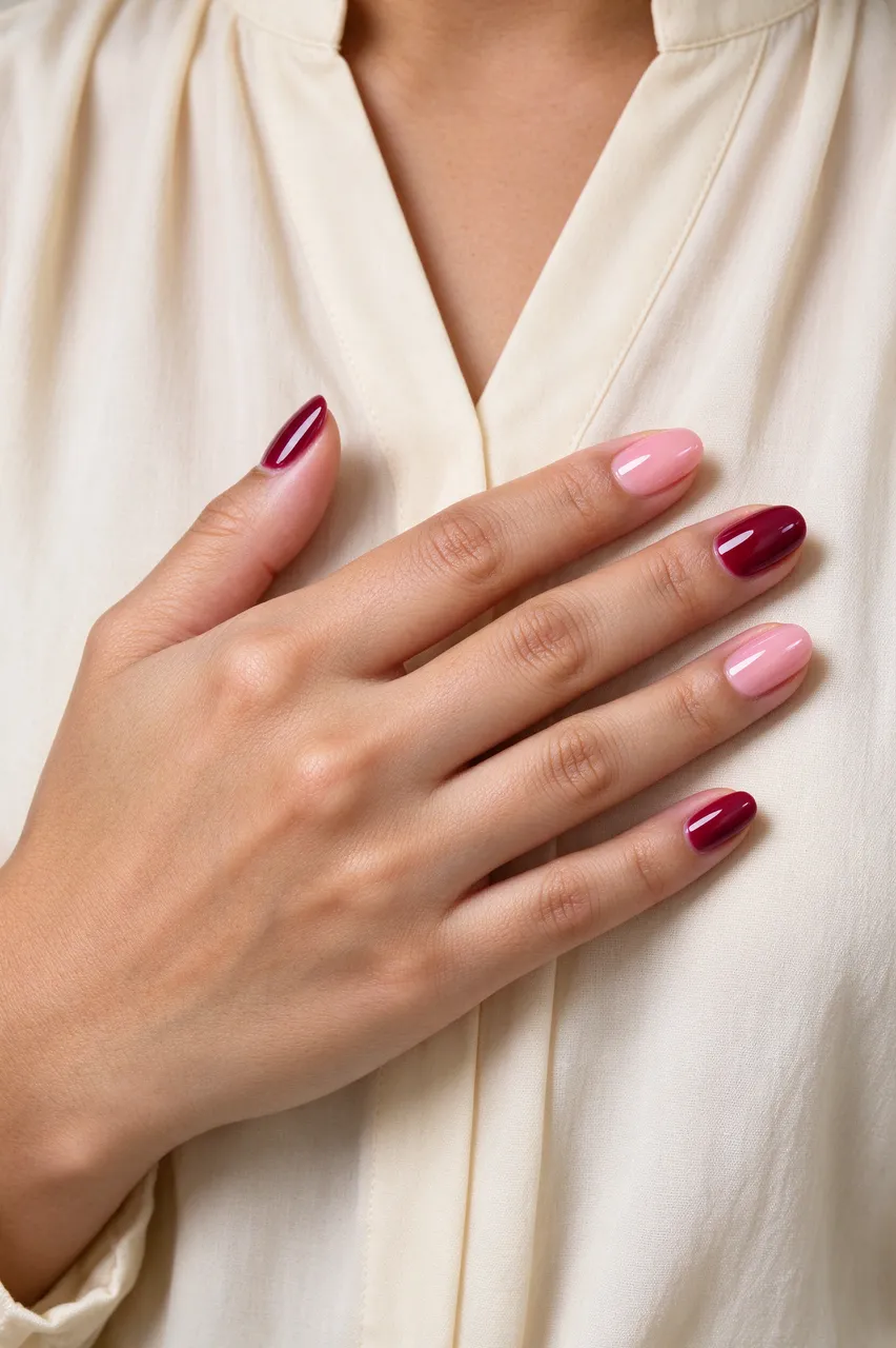 A woman's hand with alternating burgundy and blush oval nail art rests on a cream blouse