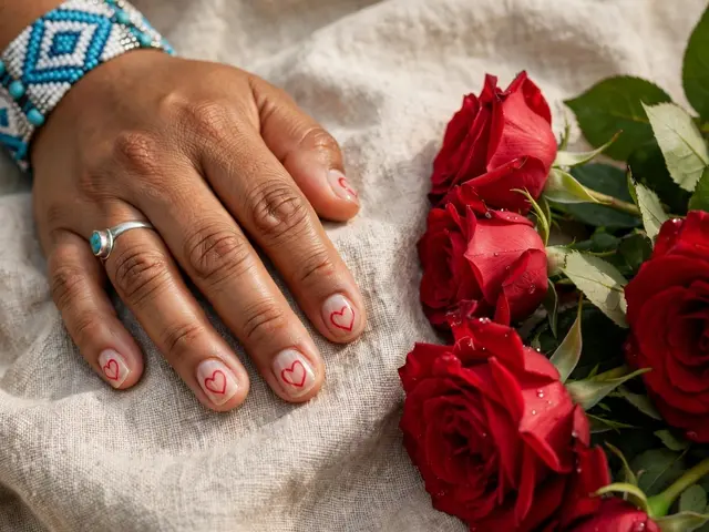 A hand with heart nail art rests beside dewy red roses on linen fabric