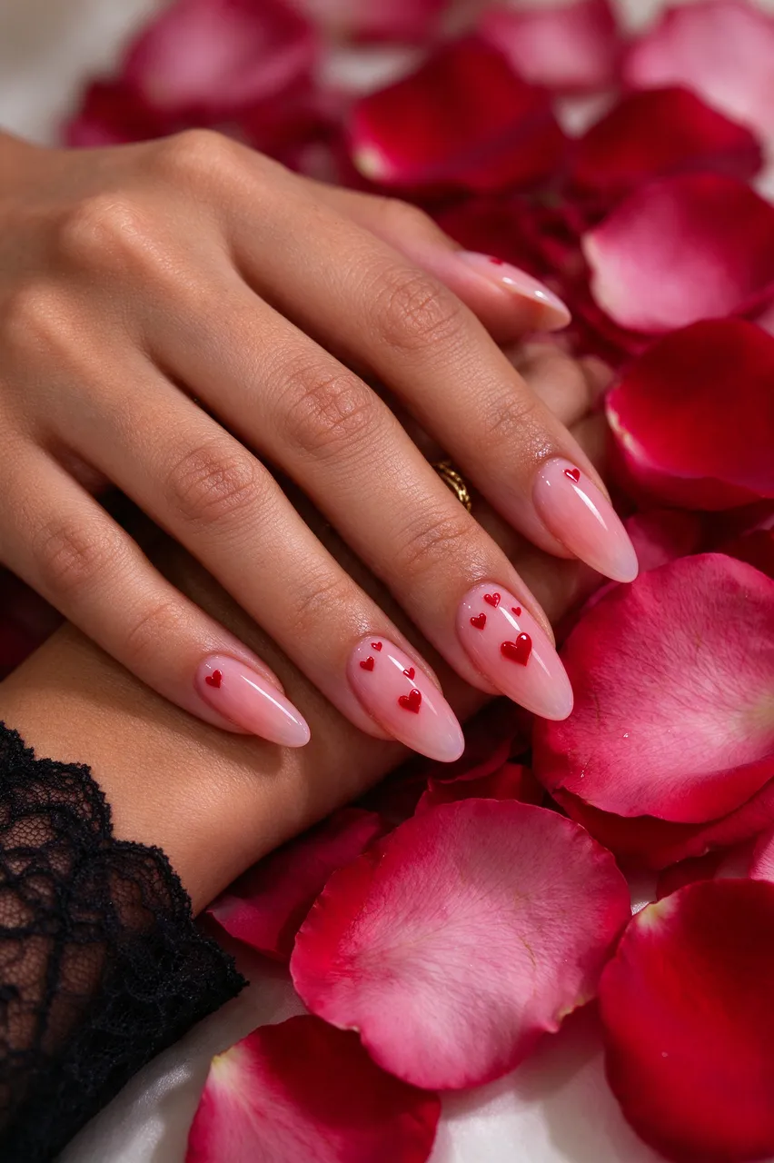 A woman's hands with almond milky pink heart nail art rest on scattered rose petals
