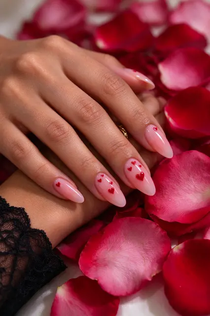 A woman's hands with almond milky pink heart nail art rest on scattered rose petals