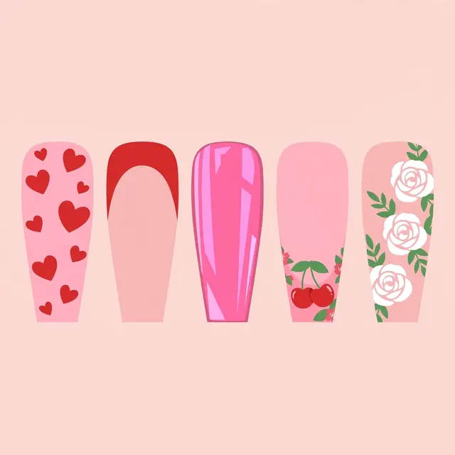 Five decorated coffin nail tips arranged in a row on a soft blush pink background