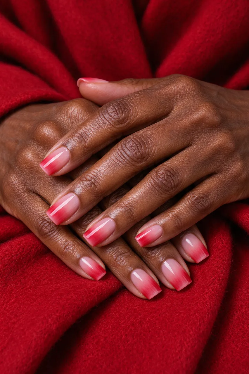 Hands of an older Black woman with pink and red ombre square nails resting on red wool fabric