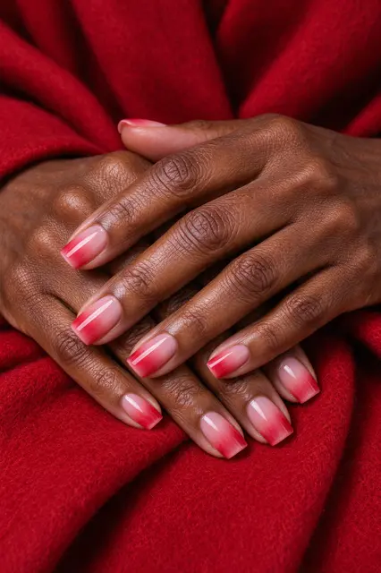 Hands of an older Black woman with pink and red ombre square nails resting on red wool fabric