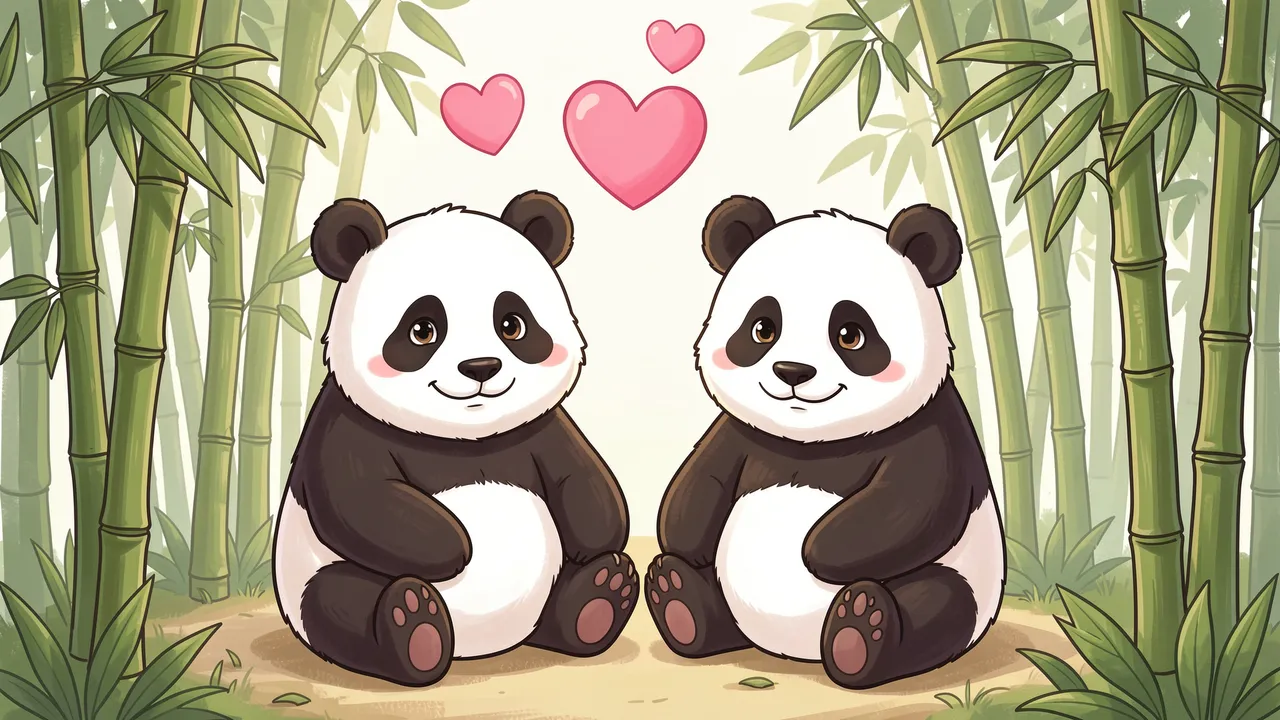 Two cute cartoon pandas sit side by side in a bamboo grove with pink floating hearts above them