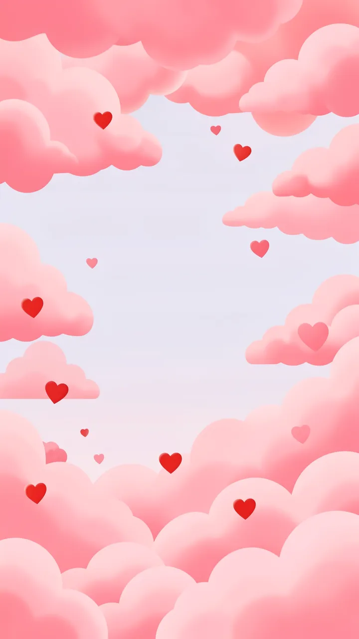 Fluffy pink clouds frame an empty pale center, with small red and pink floating hearts for Valentine's Day.