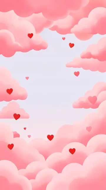 Fluffy pink clouds frame an empty pale center, with small red and pink floating hearts for Valentine's Day.