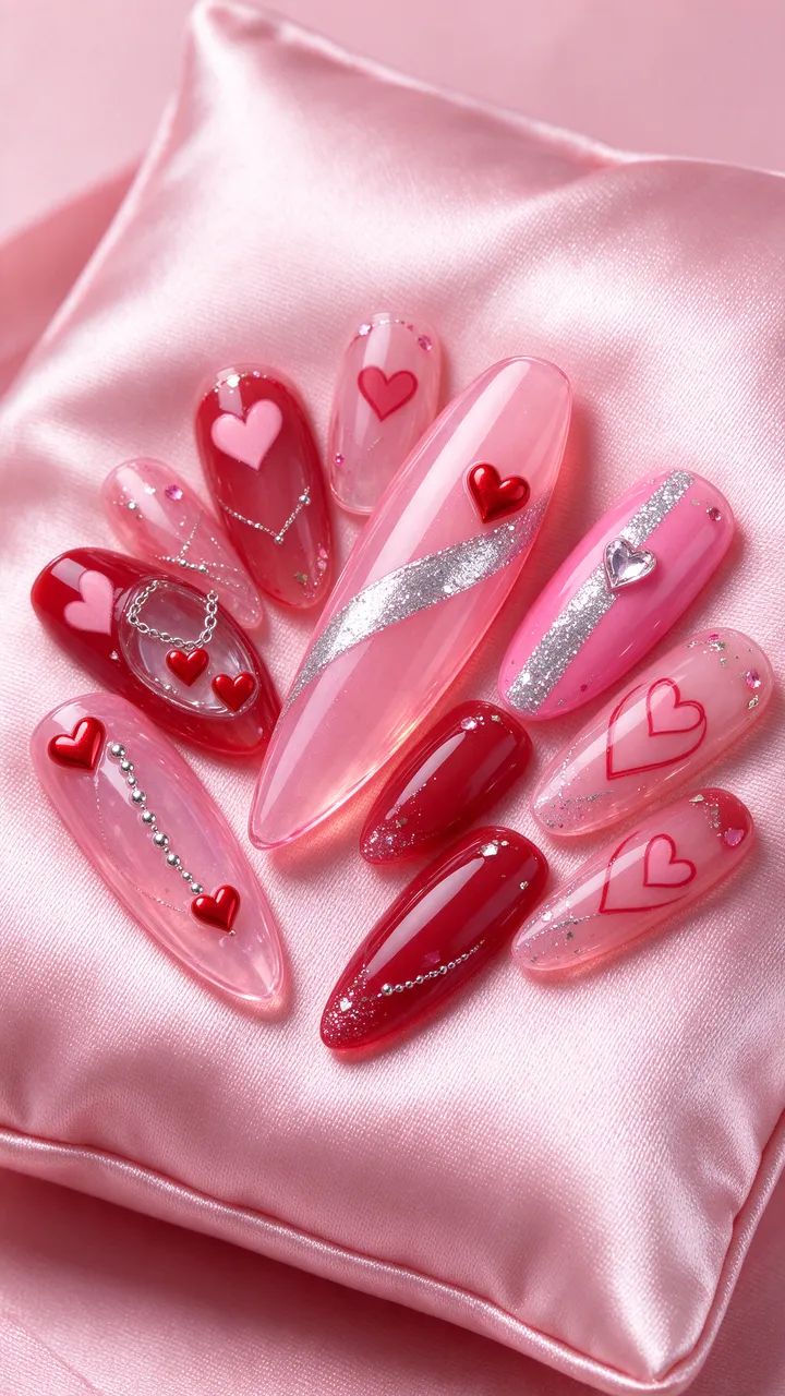 Glossy pink and red heart-decorated press-on nails arranged on pale pink satin