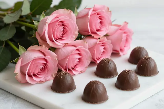 Pink spray roses and decorated chocolate truffles rest on a white marble tray in soft light