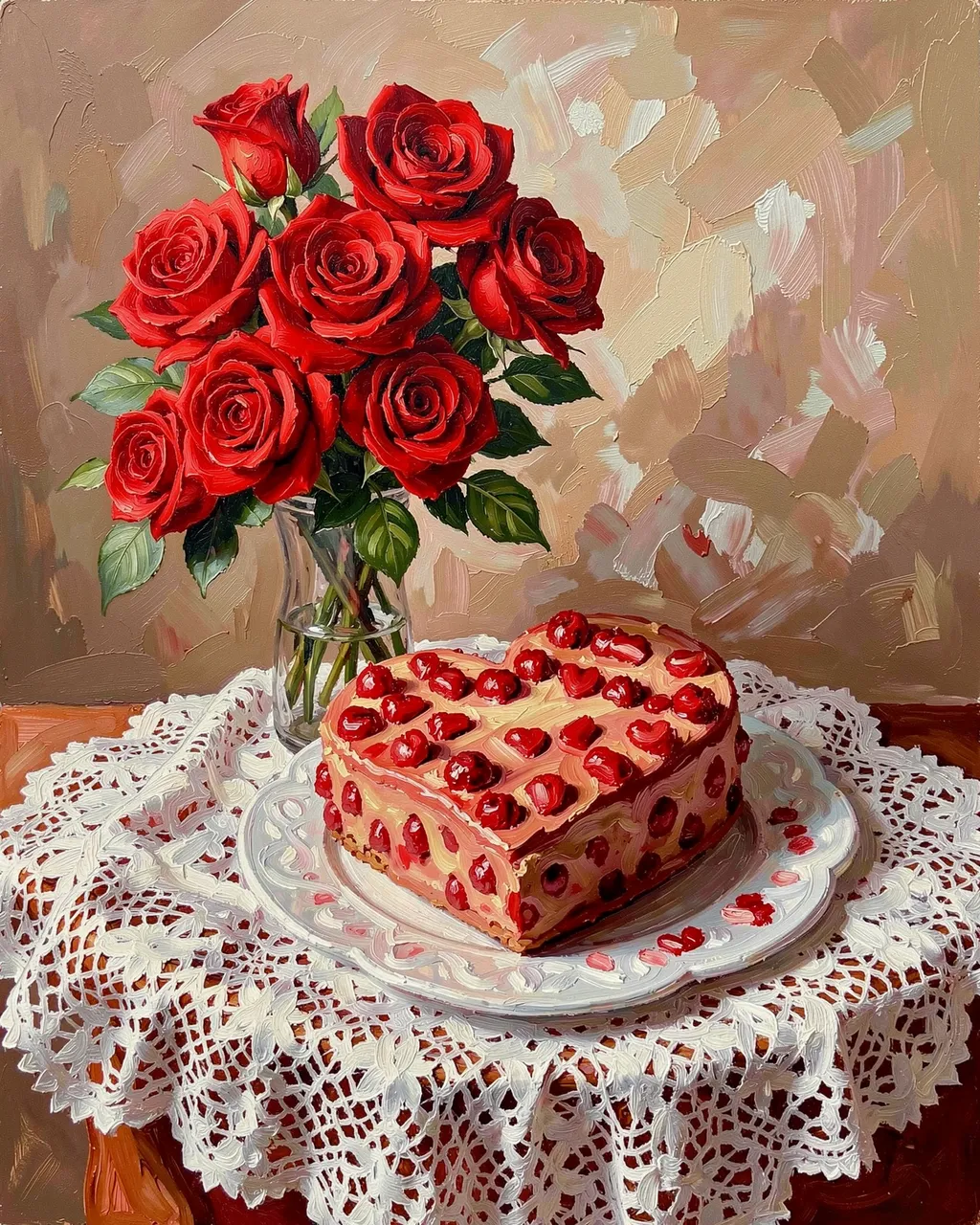 Impasto painting of red roses in a vase next to a heart shaped cake on a lace tablecloth