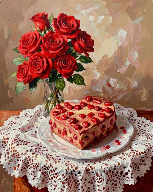 Impasto painting of red roses in a vase next to a heart shaped cake on a lace tablecloth