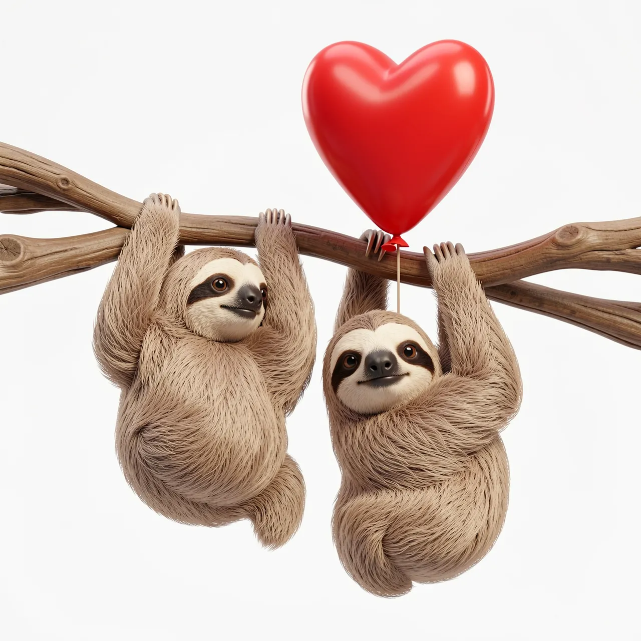 Two cute 3D sloths hang from a wooden branch next to a red heart-shaped balloon against a plain white background