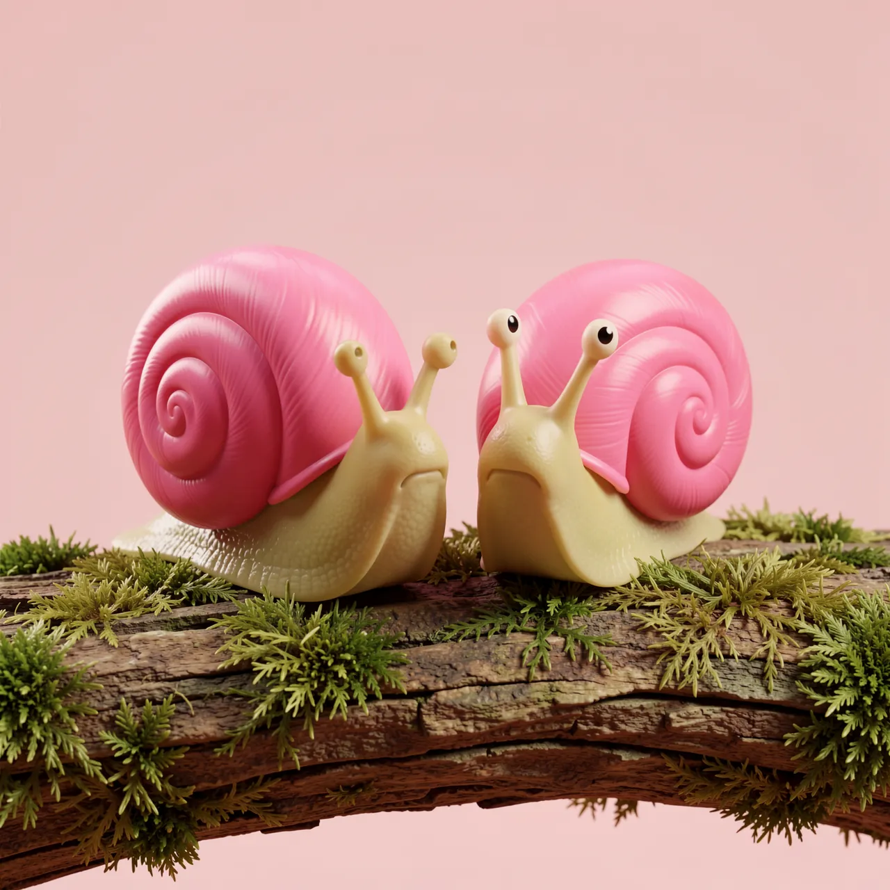 Two cute 3D snails with pink shells sit side by side on a mossy bark log against a soft pink background