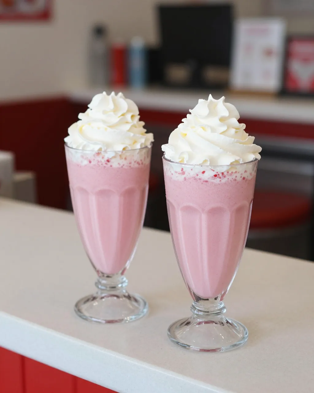 Two tall pink strawberry milkshakes topped with whipped cream sit on a retro diner counter.