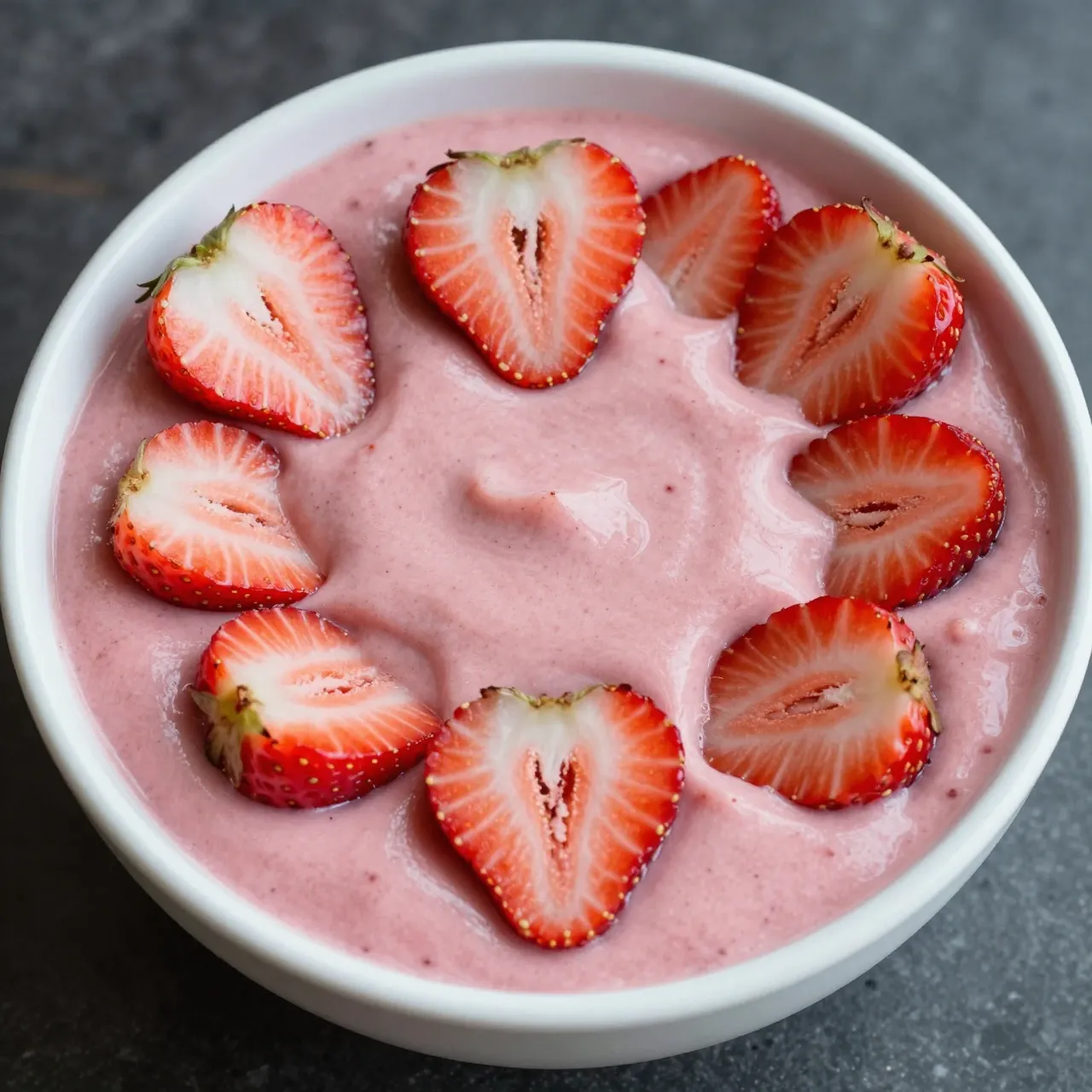 Top view of a pink smoothie bowl topped with heart-shaped sliced strawberries
