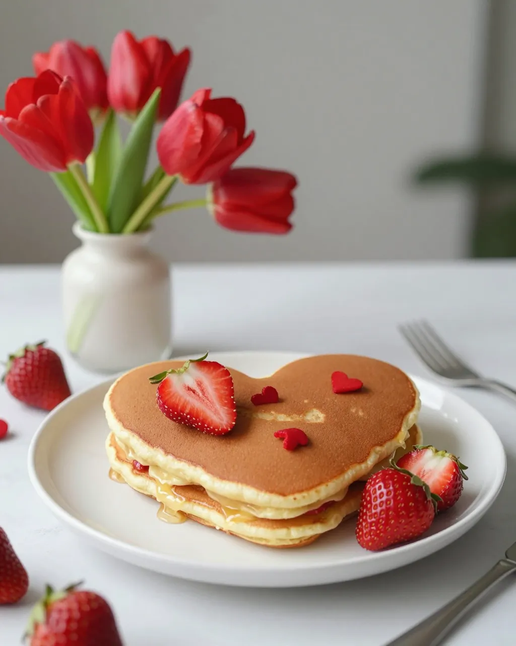 Heart shaped pancake stack with strawberries and red tulips on a light tabletop in soft daylight