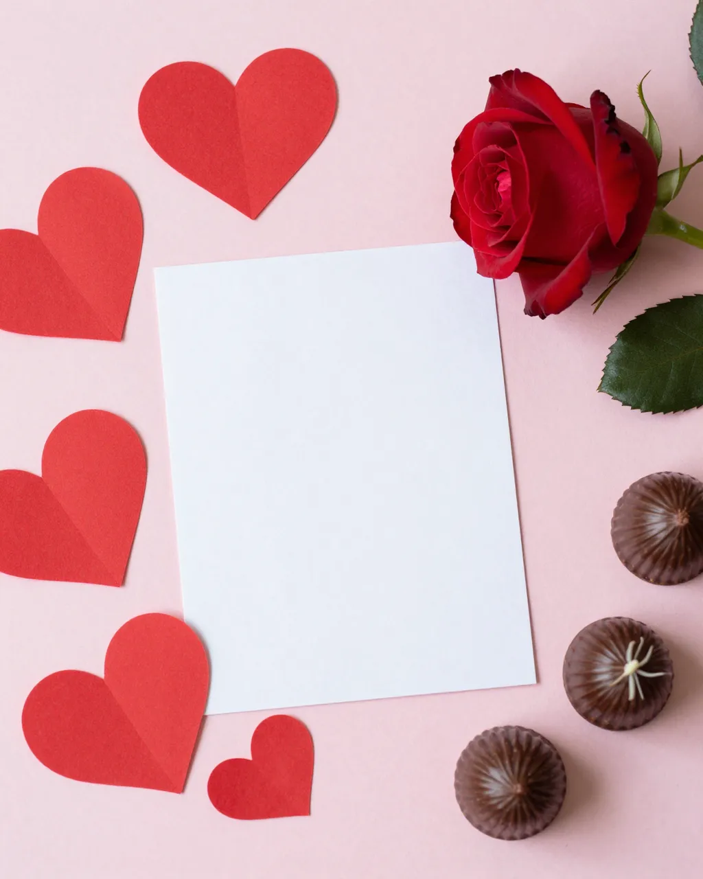 Blank white card framed by red paper hearts, a red rose, and chocolate truffles on a soft pink background.