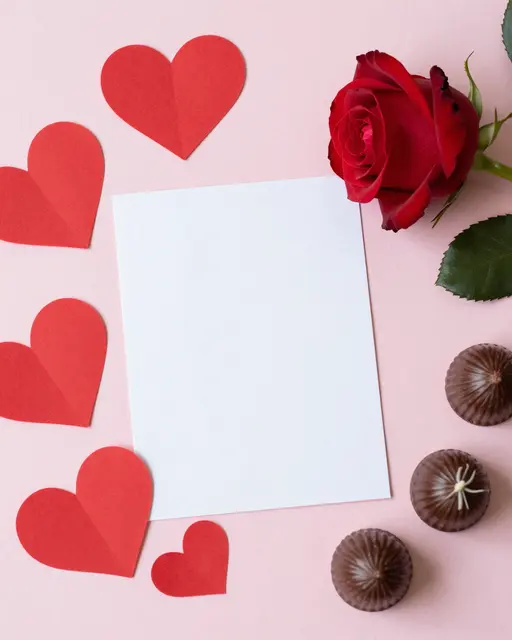 Blank white card framed by red paper hearts, a red rose, and chocolate truffles on a soft pink background.