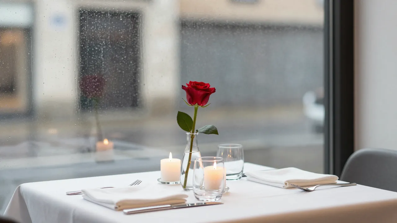 Set restaurant table with red rose and lit candles beside a rain-streaked window