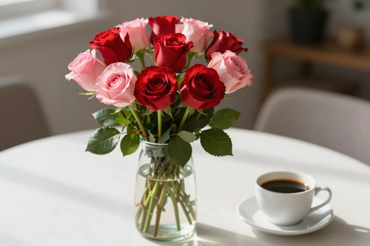 A glass vase of red and pink roses sits next to a black coffee cup on a sunlit table