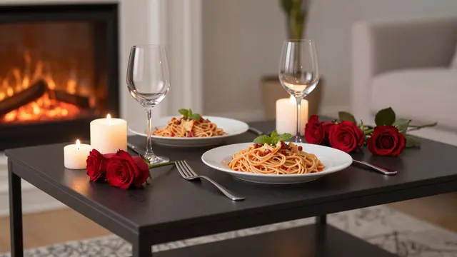 Set coffee table with pasta, wine glasses, red roses and candles next to a lit home fireplace