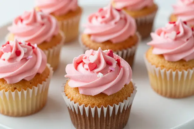 Fresh vanilla cupcakes with swirled pink frosting and heart sprinkles arranged on a white plate