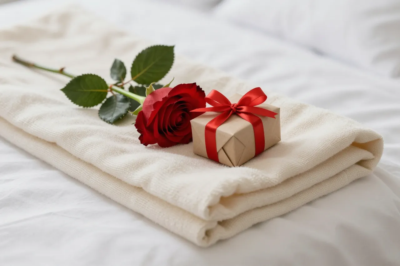 A single red rose and small wrapped gift rest on a folded cream blanket atop a white bed.