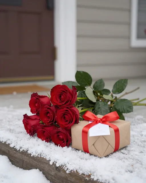 Red rose bouquet and wrapped gift rest on a snow dusted residential front porch.