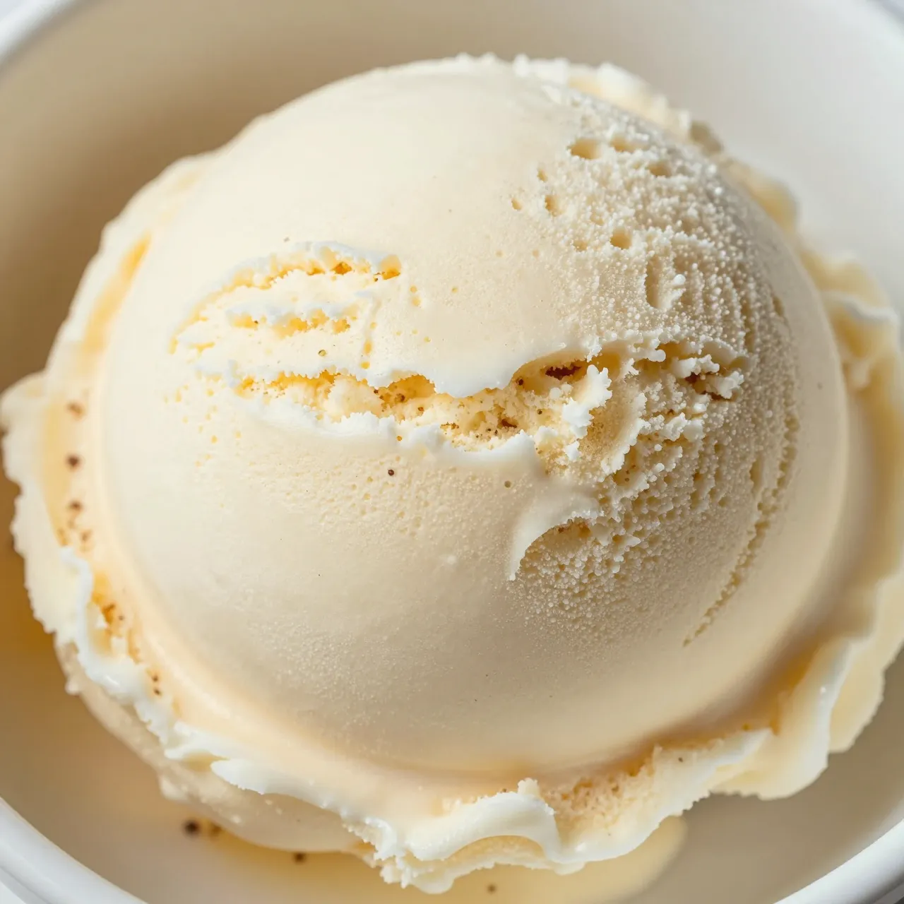 A close-up view of a creamy vanilla bean ice cream scoop dotted with dark specks resting in a light bowl