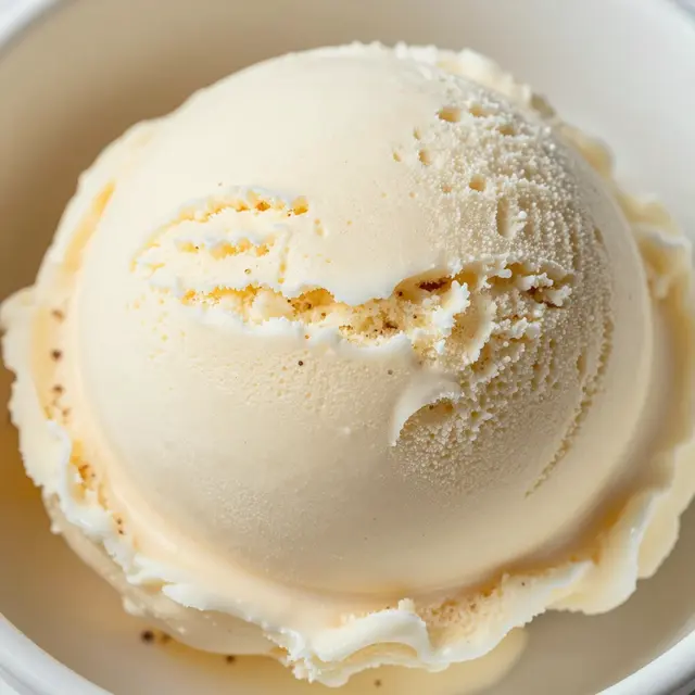 A close-up view of a creamy vanilla bean ice cream scoop dotted with dark specks resting in a light bowl