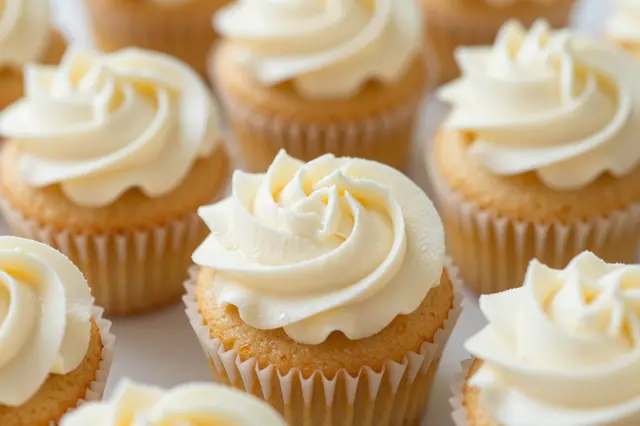 Close-up of a group of vanilla cupcakes topped with piped pale buttercream rose swirls, arranged on a light neutral surface