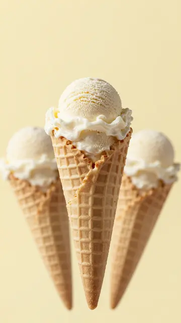 Three waffle ice cream cones with vanilla scoops arranged against a soft pastel yellow background