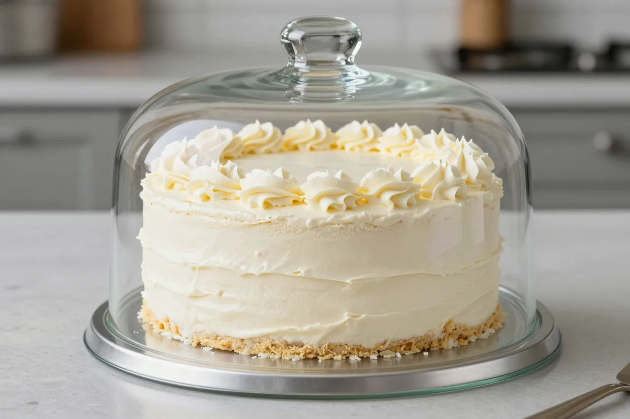 A frosted vanilla layer cake sits under a glass cloche on a kitchen countertop.